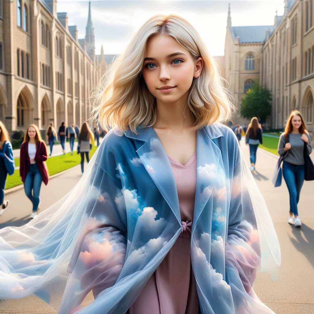 skycloak, a portrait of a blonde girl going to college, university background, walking to class, photograph