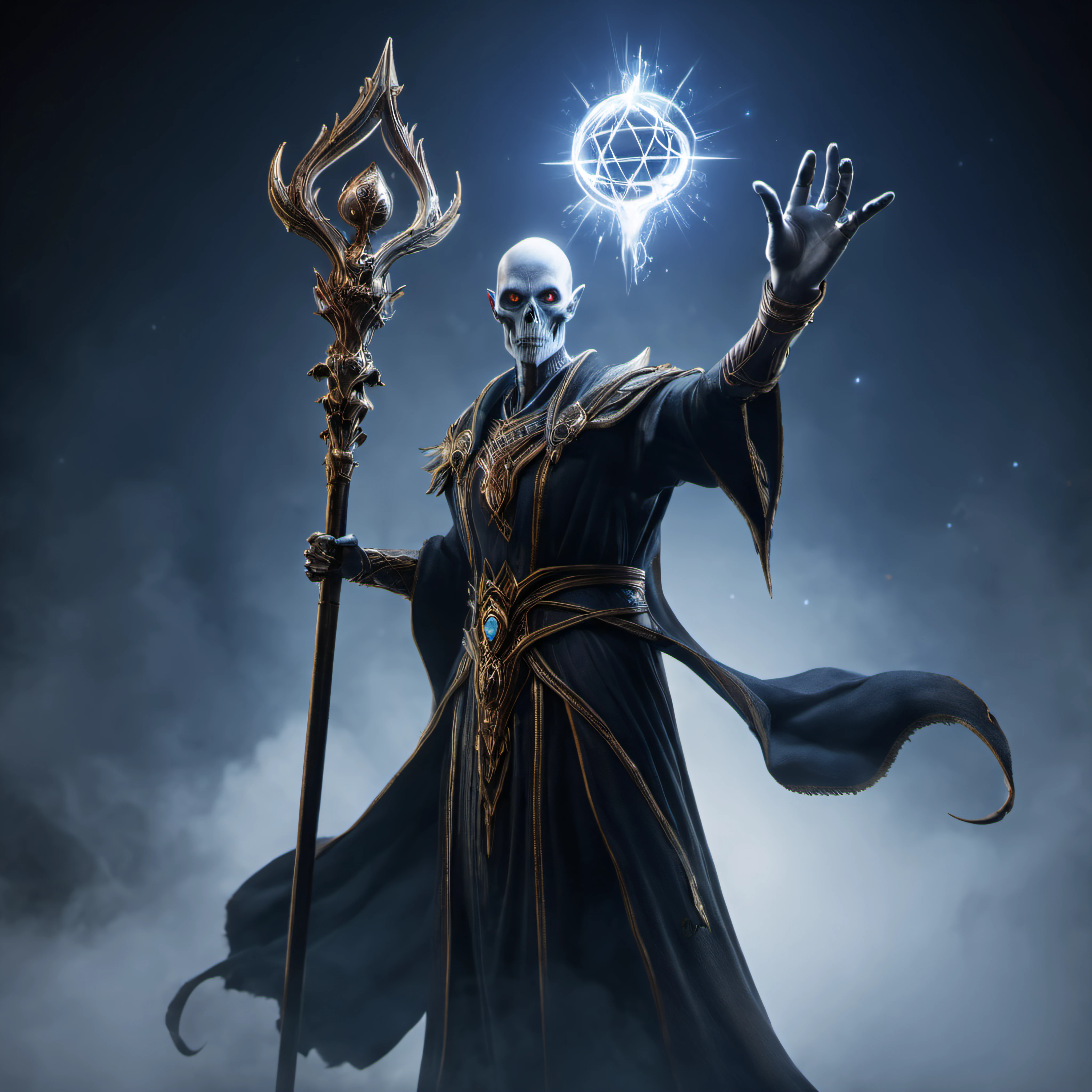 A lifelike portrayal of a necromancer pointing a magical scepter upwards, detailed, realistic, 8k uhd, high quality