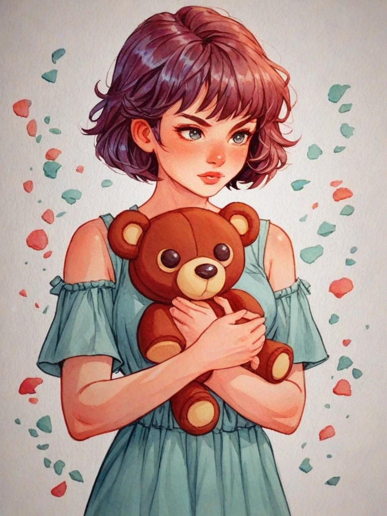 watercolor painting score_9, score_8_up, score_7_up, semirealistic, <lora:Watercolour_Portraits_0.1:1>,
1girl with short hair, solo, simple background,
holding a huge plushy Teddy bear . vibrant, beautiful, painterly, detailed, textural, artistic