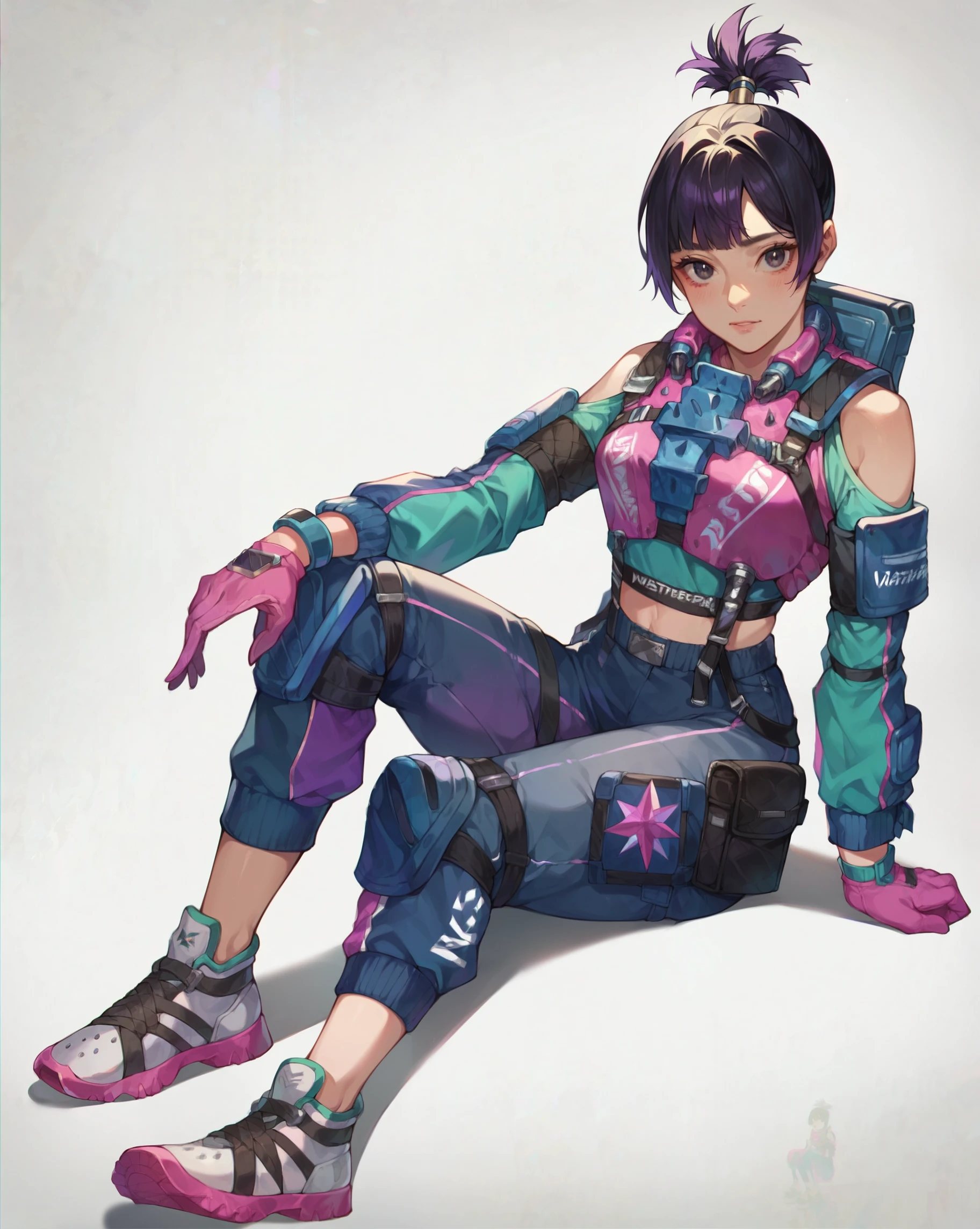 (Masterpiece:1.4), (best quality:1.2), score_9, score_8_up, score_7_up, score_6_up, 1girl, solo, no humans, valkfl0t3ch, black hair, purple hair, pink gloves, sneakers, blue pants, purple pants, cropped shirt, knee pads, topknot, detached sleeves, shoulder cutout, clothing cutout, midriff, looking at viewer, sitting_on_floor