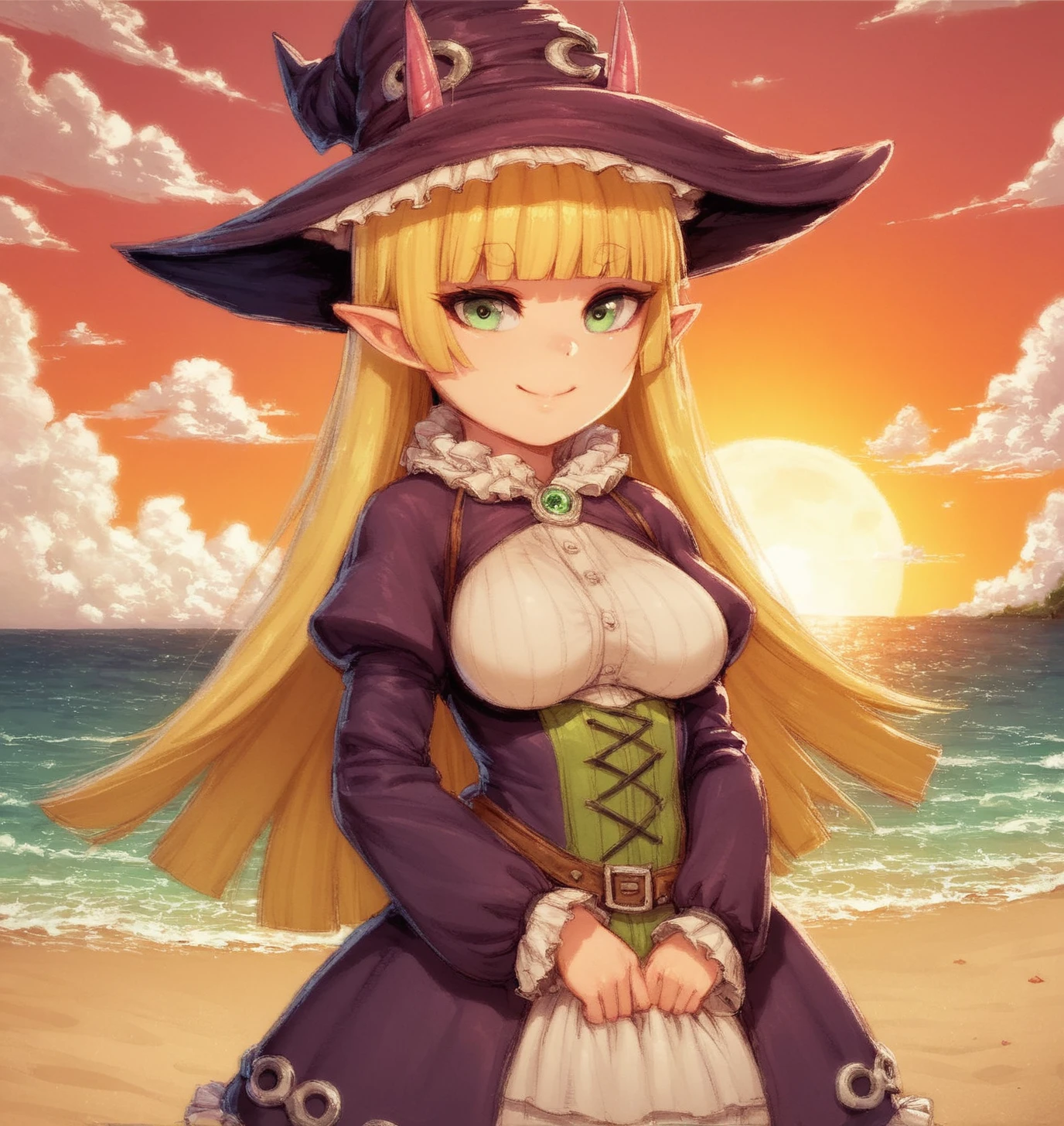 score_9, score_8_up, score_7_up, score_6_up, Detailed Background, BREAK
<lora:Suki:0.7> suki, 1girl, pointy ears, long hair, blonde, green eyes, breasts, horns, blunt bangs, young, BREAK
Frills, witch hat, smile, beach, clouds, sunset,