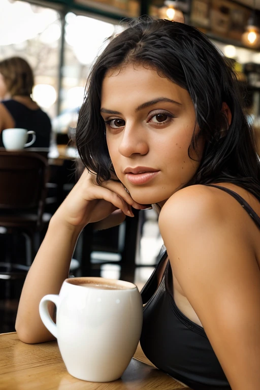 <lora:AndreaRincon:0.8>, full color portrait of a young woman, having coffee at a vintage cafe, natural light, RAW photo, subject, 8k uhd, dslr, soft lighting, high quality, film grain, Fujifilm XT3, Nikon D850