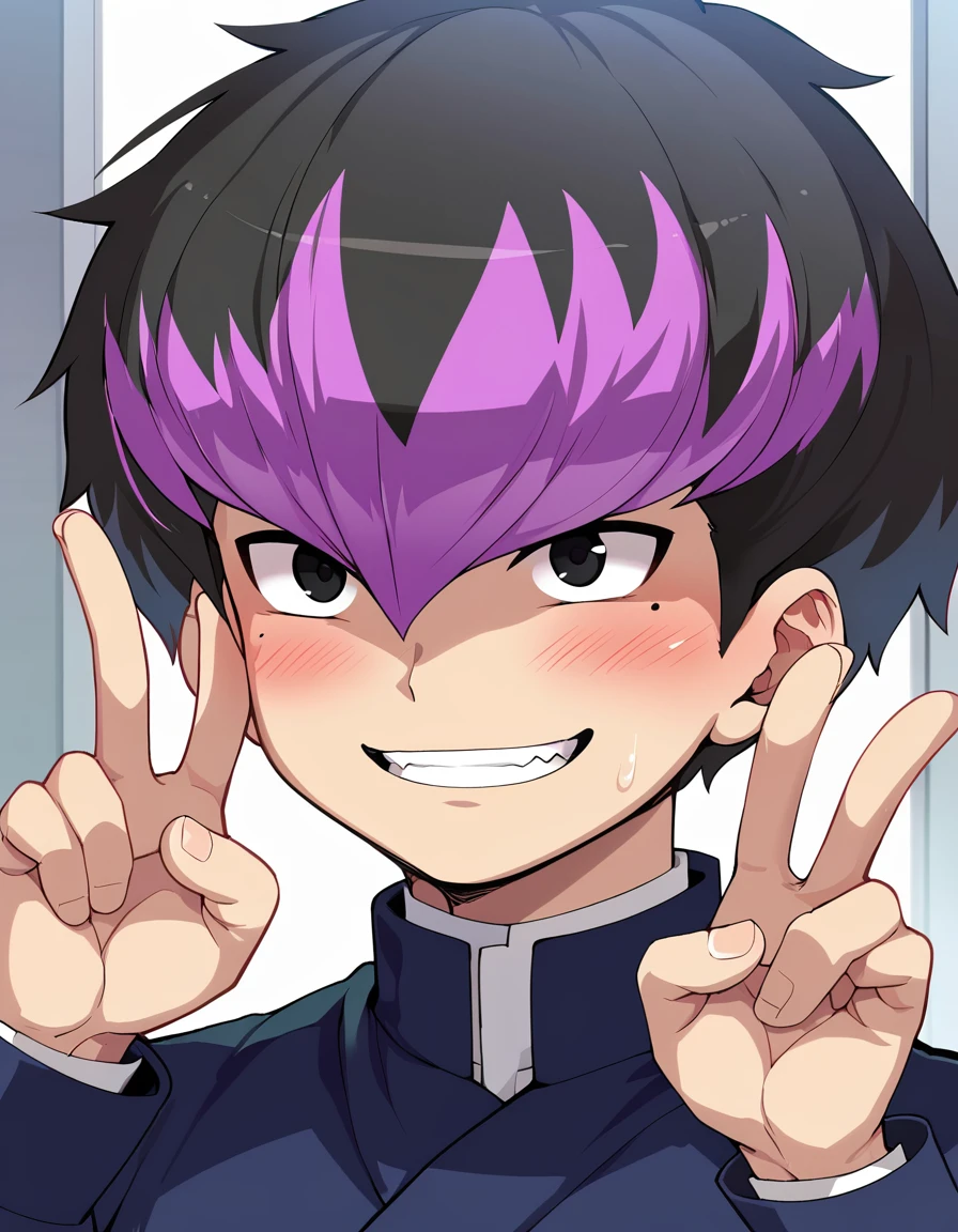 anime artwork, score_9, source_anime, rating_safe BREAK 1boy, solo, male focus,
netami-masuo, black hair, multicolored hair, black eyes, mole under eye, blush, gakuran,
upper body, portrait, close-up face, facing viewer,  smile, teeth, double v,  <lora:netami-masuo:5>