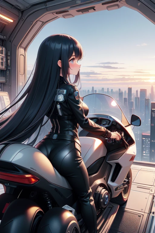 (((masterpiece))), (((best quality))), ((from behind)), ((hatchway motorcycle)), ((leaning forward)), looking back, standing, mecha girl, glowing eyes, bodysuit, ass, boots, scrunchie, floating hair, overlook, fog, city, cloud, skyline, scenery, cockpit, hologram, mechanical walls, spacecraft interior, cyberpunk architecture, future science fiction, ((flare)), (((sunset))), solo, 1girl, black, absurdly long hair, sweat, cleavage, big tits, shy, blush, slim figure, <lora:50pics_hatchwaymotorcycle:0.9>