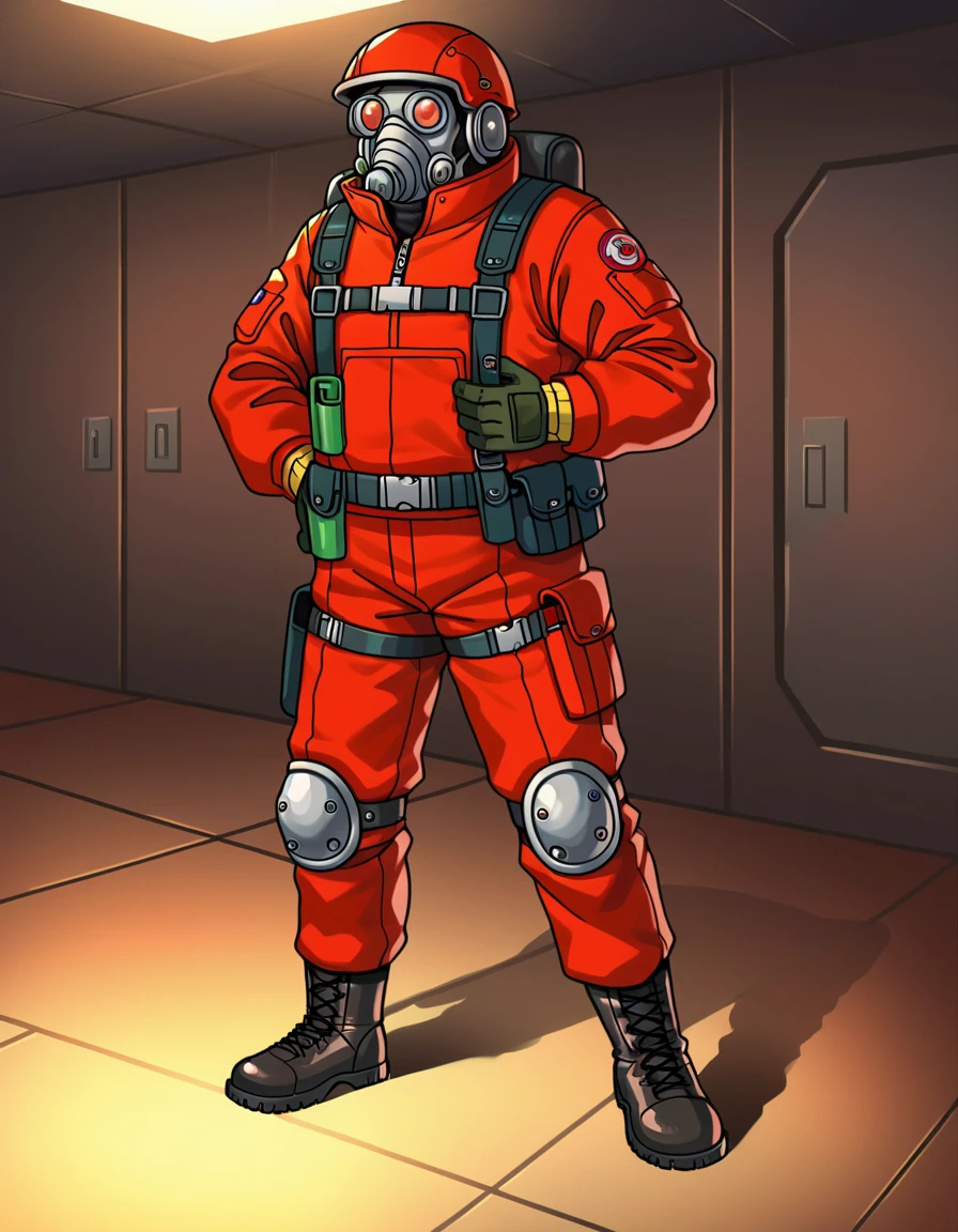 score_9,score_8_up,score_7_up,BREAK,1boy,solo,40kstorm,<lora:Pony40kStorm-000090:0.94>,standing,helmet,gas mask,uniform,science fiction,knee pads,full body,indoors,in tunnel,facing viewer,,gloves,red clothes