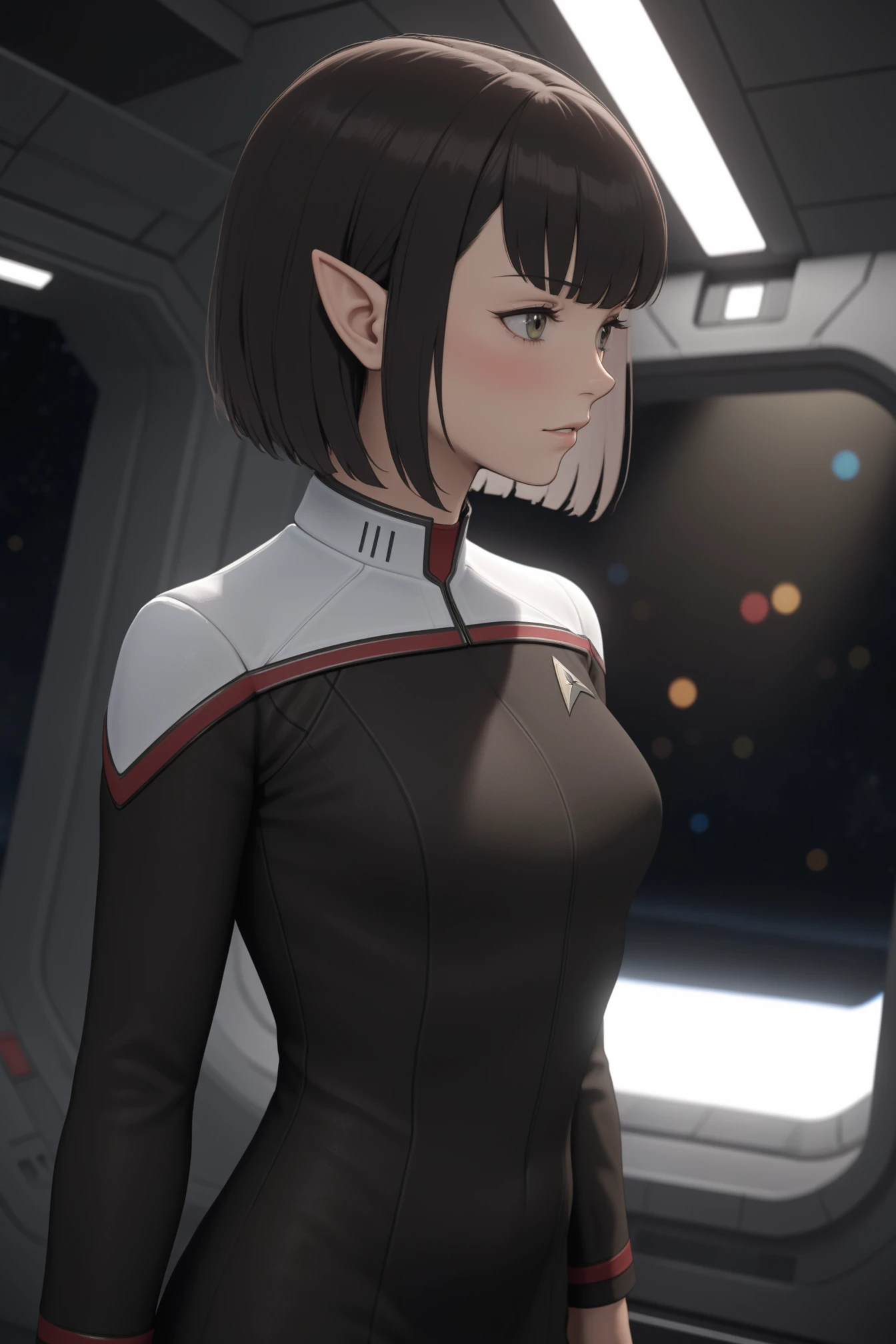 side (bob haircut1:1), vulcan girl, star trek , stoddunf uniform with white shoulders,pointy ears,on a space station,near airlock masterpiece, best quality, soft light, bokeh, real shadow, cinematic, subsurface scuttering <lora:OdysXL:0.8>