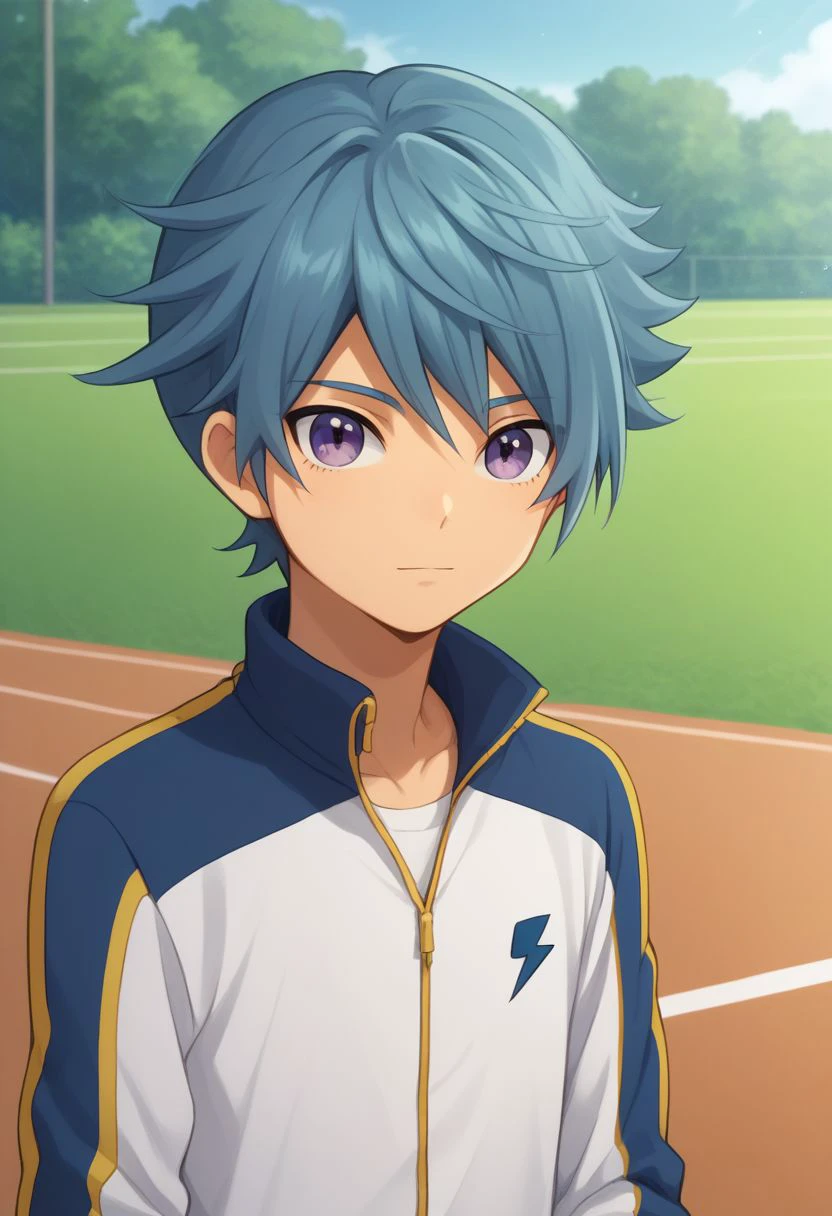 score_9, score_8_up, source_anime, highly detailed, 1boy, solo, male_focus, slender, skinny, cute,
hiura, 1boy, male focus, solo, blue hair, track jacket, purple eyes, jacket, upper body, raimon,
outdoor,