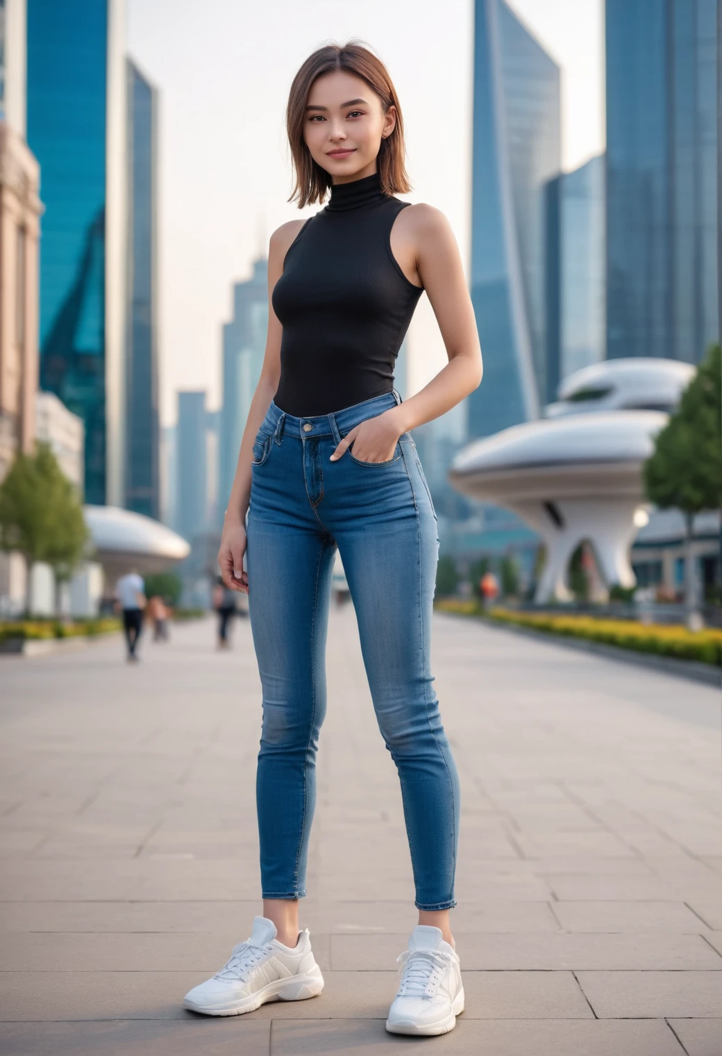 professional photo 85mm lens for elegant body lines and fine skin detail with sharp subject against a blurred background, looking at camera, Candid Shot, (Full Body View),,1girl, happy, jeans and sneakers,alien city Futuristic Galactic Empire Setting,