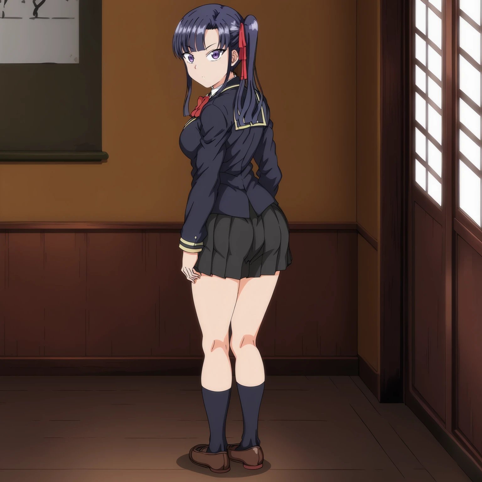 <lora:SakuraMiyajimaXLpony001>,<lora:bold-16oa:-0.5>,
solo,
SakuraMiyajima,1girl,blue hair,side ponytail,purple eyes,
school_uniform,red bow tie,
pleated_skirt,
black socks,
indoors,
full body,standing,looking back,