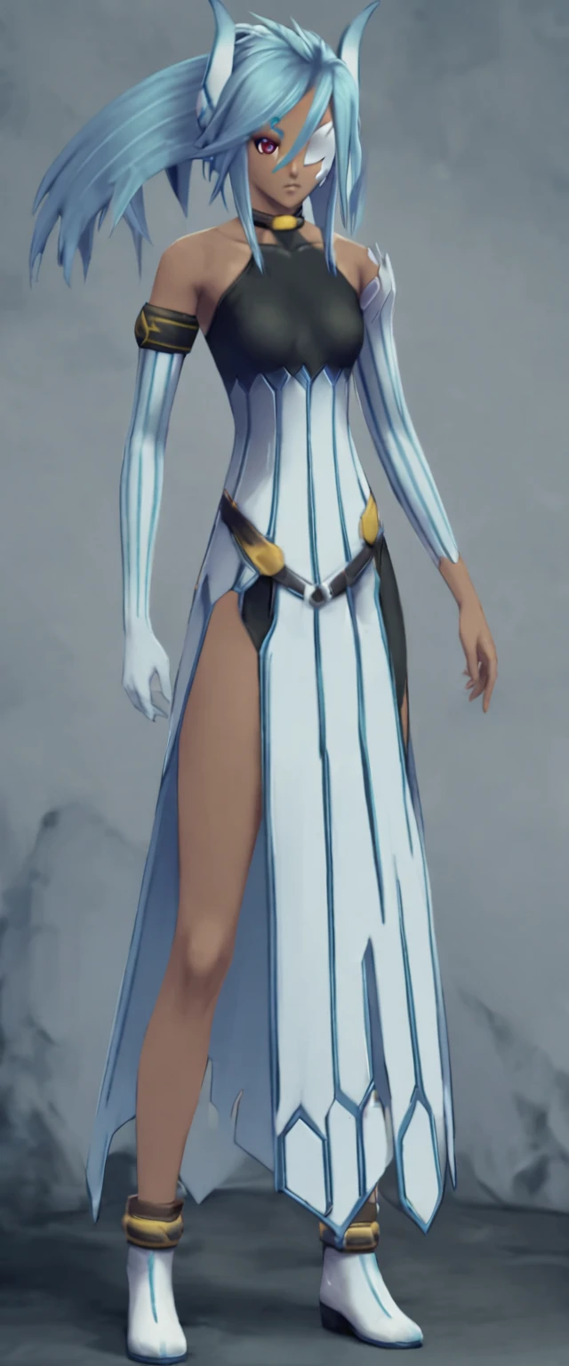 semi-realistic, 1girl, standing, full body <lora:CelsiusXL:1> Celsius, ice hair, ice horns, red eyes, eyepatch, bare shoulders, bodysuit with choker, armband, single elbow glove, uneven legwear, pale blue long skirt with blue trim, white footwear