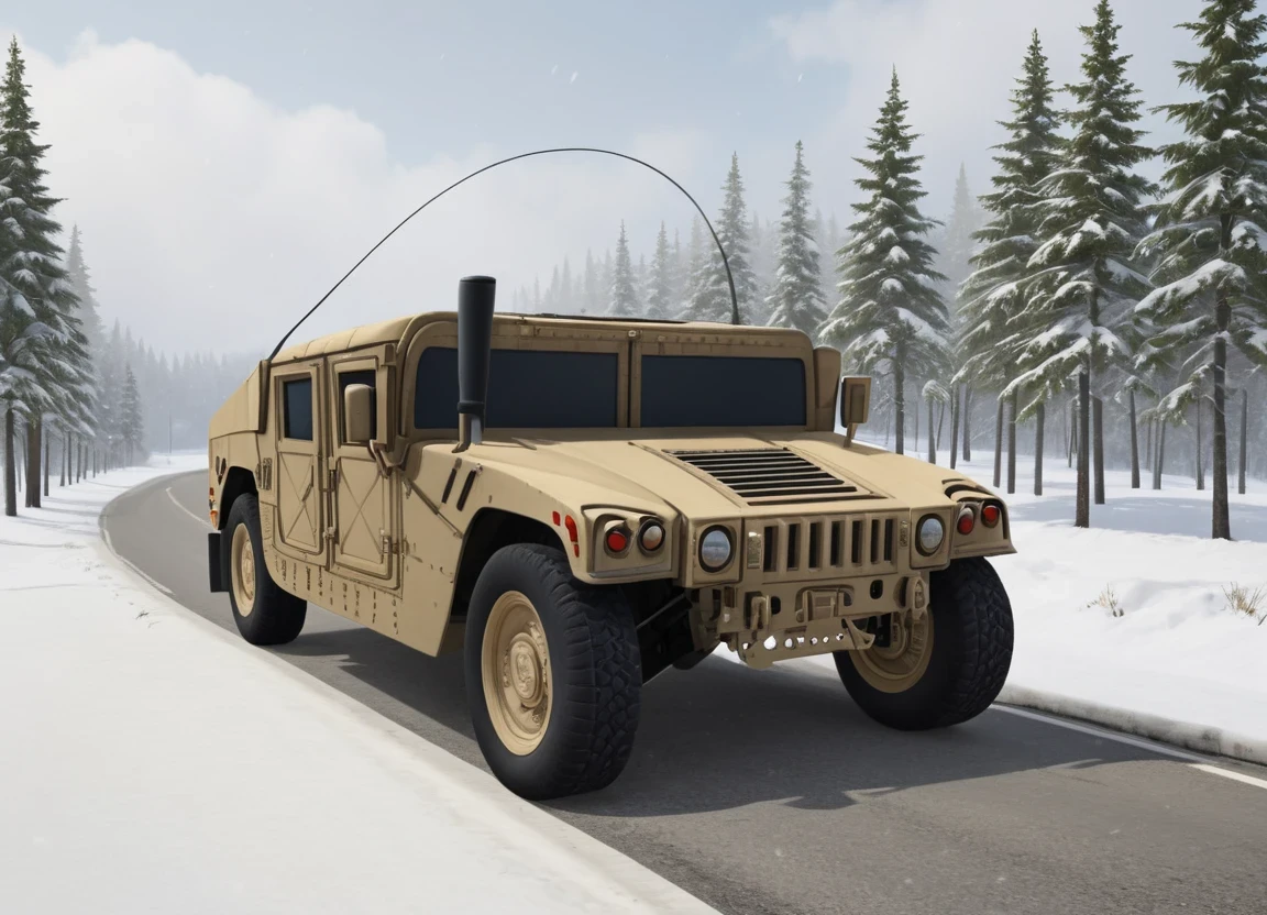 obc25 Humvee <lora:25_vehicle_obc25:1.0> on a road, 
outside, gentle,
nature at background, professional, realistic, high quality,
Snowflakes gently falling, <lora:general_vehicle:-0.15>