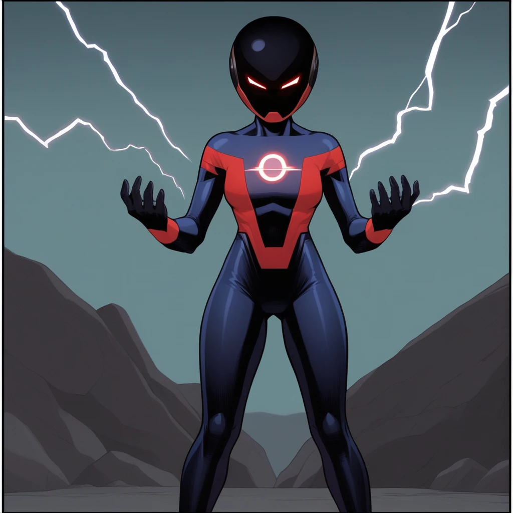score_7_up, BREAK, source_comic, RadiantRed, 1girl, solo, helmet, bodysuit, glowing eyes, superhero, <lora:Radiant_Red_PXL_Leaf1:1>, lightning,