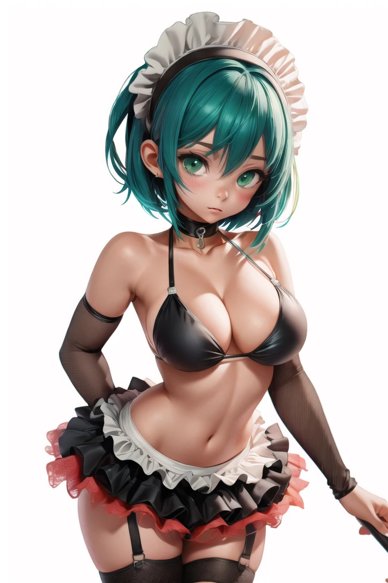 (masterpiece),best quality,1girl,breasts,solo,swimsuit,fishnets,bikini,navel,short hair,thighhighs,black hair,large breasts,maid headdress,frills,black bikini,maid bikini,fishnet thighhighs,tattoo,simple background,green eyes,blush,highleg,skirt,looking to the side,choker,cleavage,maid,white background,bare shoulders,holding,multicolored hair,highleg bikini,red hair,looking away,stomach,closed mouth,streaked hair,