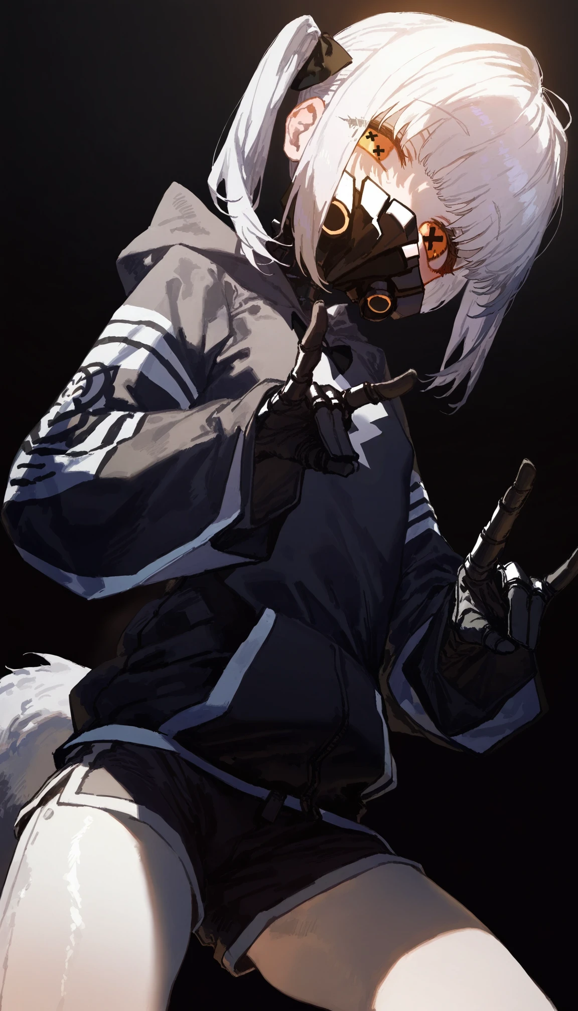 1girl, ein \(blue archive\), blue archive, by quasarcake, [by ssambatea], solo, mismatched pupils, mask, tail, mechanical arms, alternate costume, logo hoodie, shorts
BREAK
upper body, cinematic angle, dramatic composition, from side, black background, simple background, shadows, fox shadow puppet, looking at viewer, head tilt, best quality, masterpiece, absurdres <lora:ein3-000009:1>