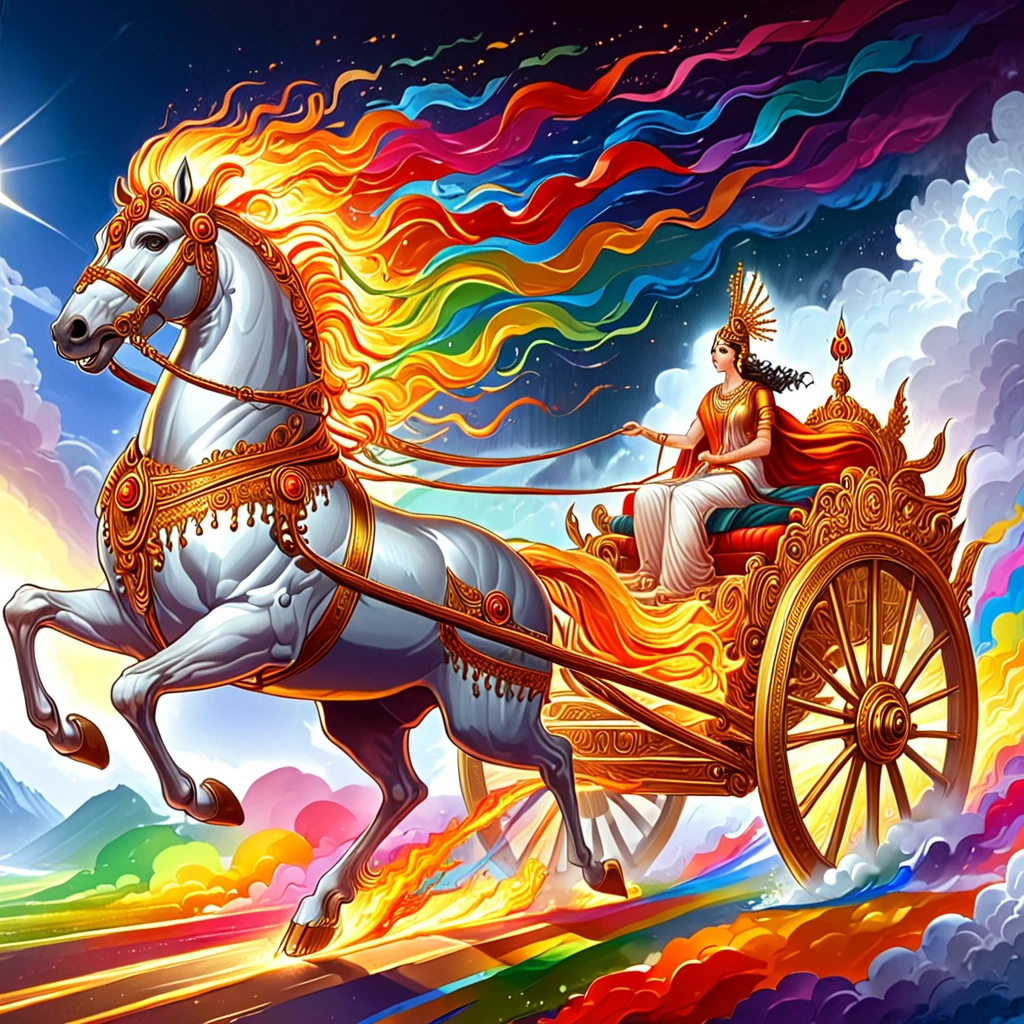 apochari, a chariot riding a rainbow