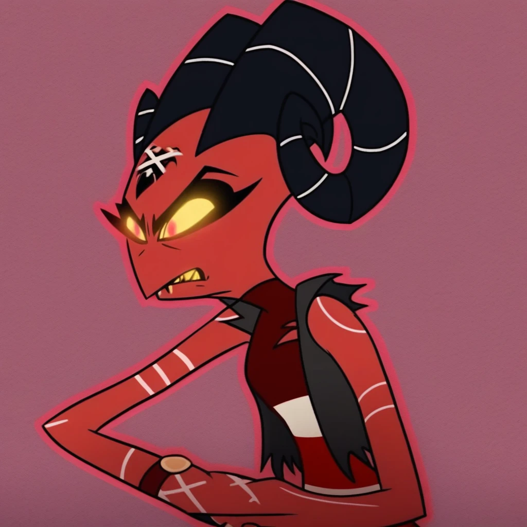 barbie wire, 1girl, demon girl, red skin, forehead tattoo, arm tattoos, horns, striped dress, leather jacket