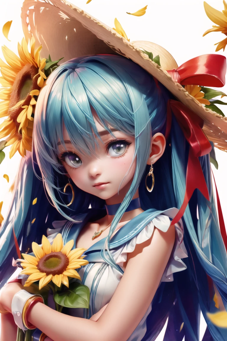 1girl,  arms, blue ribbon, bouquet, bow, collarbone, dress, flower, grey dress, hat, hat bow, holding, holding bouquet, long dress, long hair, looking at viewer, purple bow, purple hair, ribbon, sleeveless, sleeveless dress, solo, standing, straight hair, straw hat, sun hat, sundress, sunflower, very long hair, yellow eyes, yellow flower, yellow headwear
