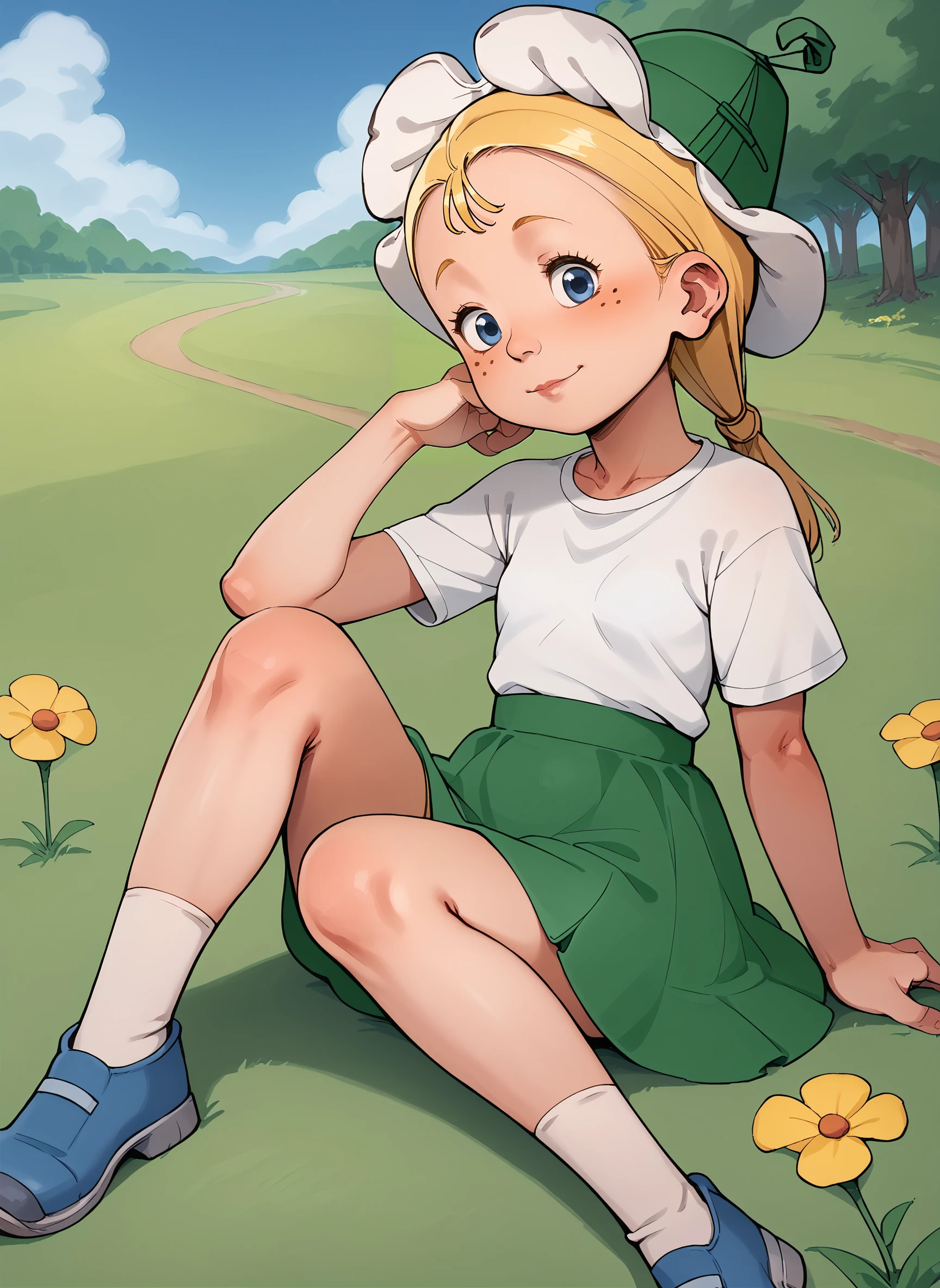 score_9, score_8_up, score_7_up, bbka_style, BREAK
romashka, 1girl, solo, blonde hair,  white shirt, green skirt, ponytail, freckles, cute face, petite,  smile, head tilt, [white|green] tulip hat, blue eyes, white socks, blue footwear, 
 outdoors, blue sky, sitting on grass, grass, flowers
<lora:romashka_pdxl6:1> <lora:bbka_pdxl5:0.6>