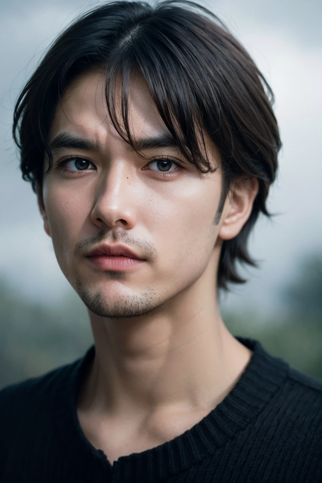 professional photo,closeup portrait photo of caucasian man,wearing black sweater,serious face,dramatic lighting,nature,gloomy,cloudy weather,bokeh,
