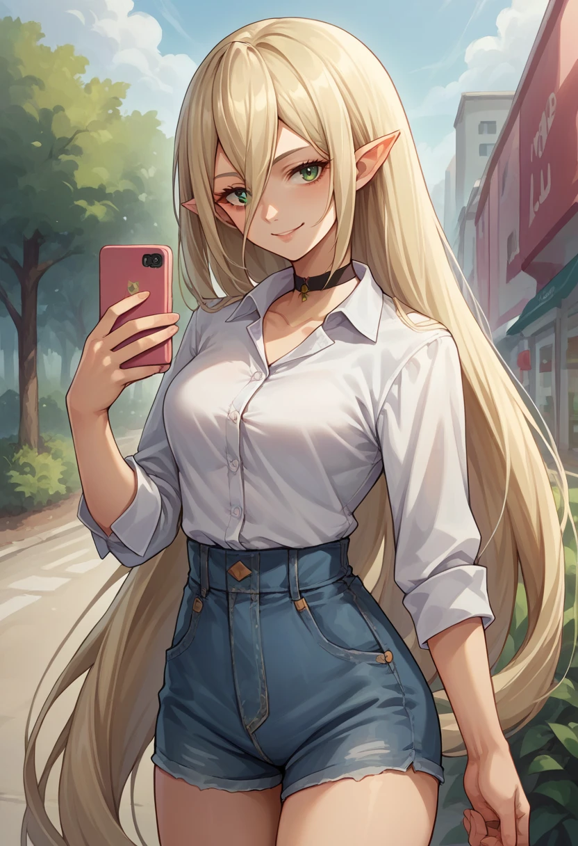 score_9, score_8_up, source_anime, 1girl, solo, Magilou, pointy ears, very long hair, hair between eyes, white shirt, dress shirt, black choker, holding cellphone, denim shorts, high-waist shorts, outdoors, smile, <lora:ChamMagilouPonyXL:1>