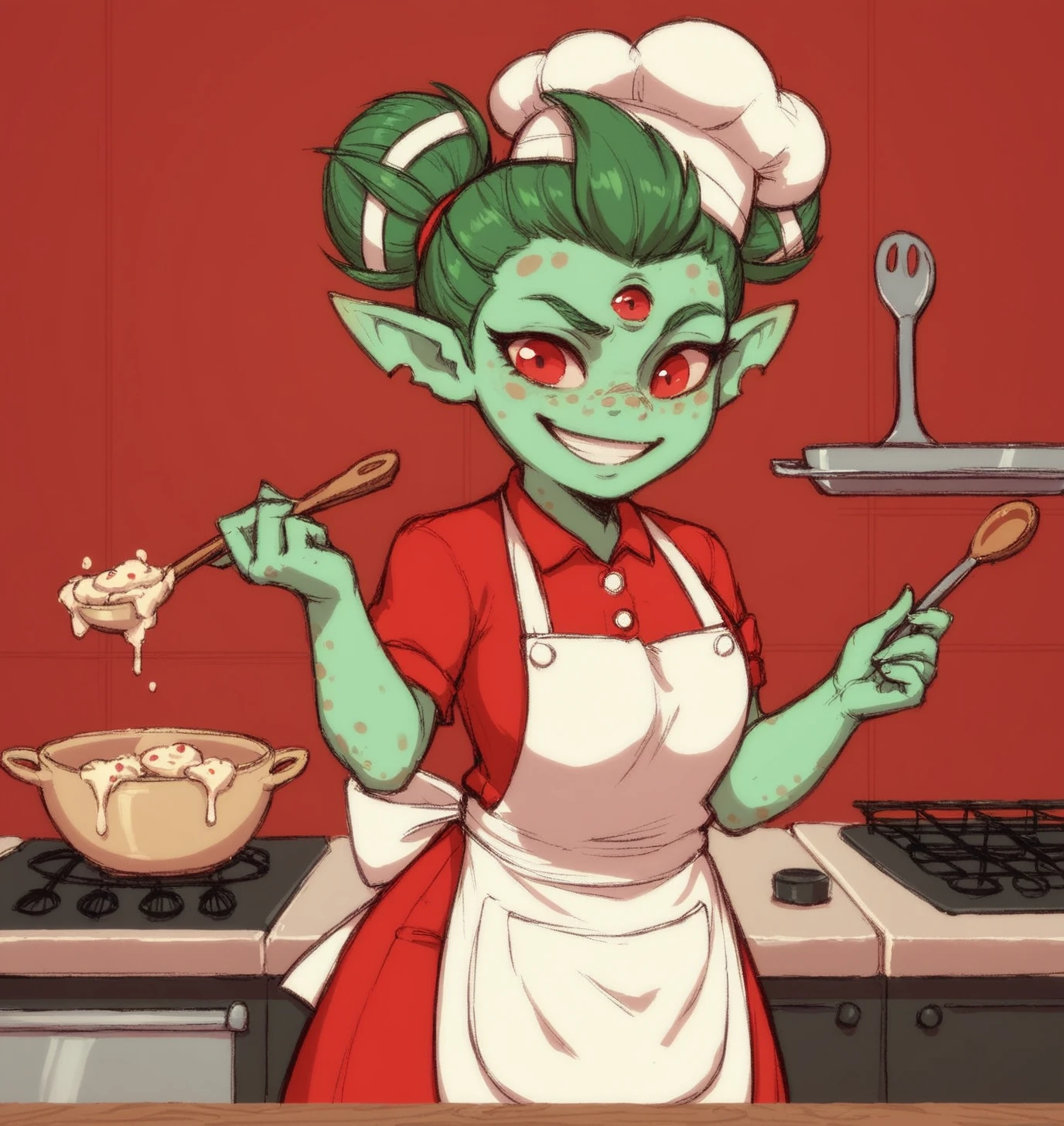 score_9, score_8_up, score_7_up, score_6_up, Detailed Background, BREAK
<lora:Ayla_Awesomenauts:0.6>, double bun, aylaan, short, 1girl, colored skin, pointy ears, green skin, green hair, hair bun, red eyes, freckles, BREAK
kitchen, apron, chef hat, holding wooden spoon, food, grin, blouse,