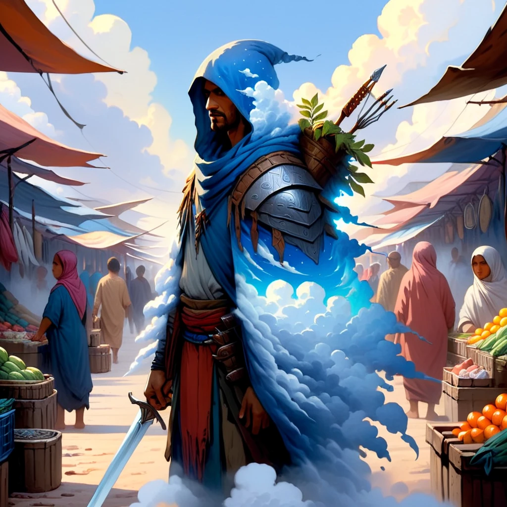 skycloak, a warrior at the market, digital painting concept art