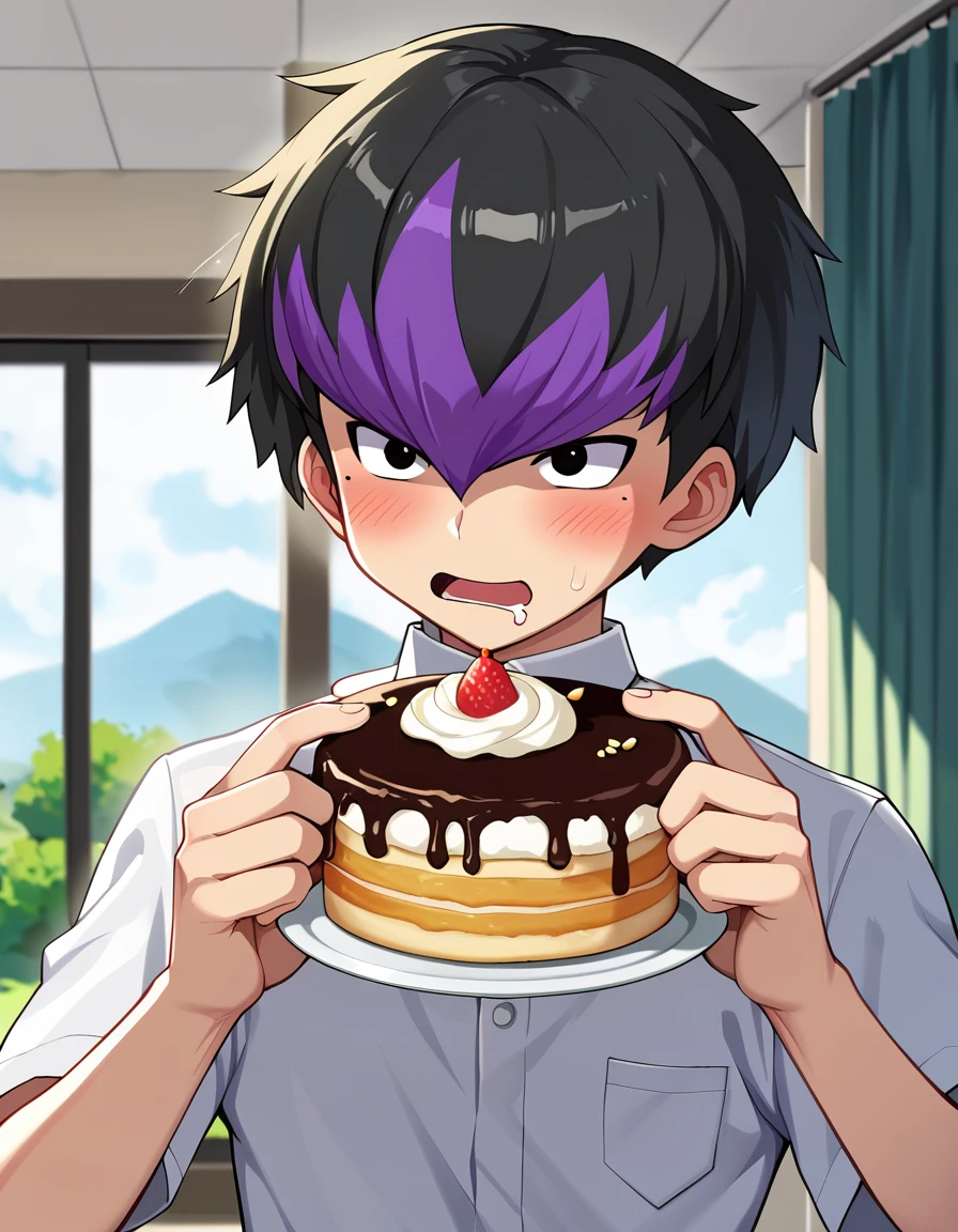 anime artwork, score_9, source_anime, rating_safe BREAK 1boy, solo, male focus,
netami-masuo, black hair, multicolored hair, black eyes, mole under eye, blush, white short sleeve shirt, 
upper body, open mouth, eating cake, <lora:netami-masuo:5>