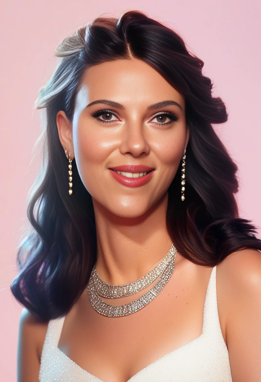 score_9, score_8_up, score_8, ScarlettJ, 1girl, solo, smile, black hair, jewelry, earrings, necklace, lips, freckles, realistic, long hair, simple background