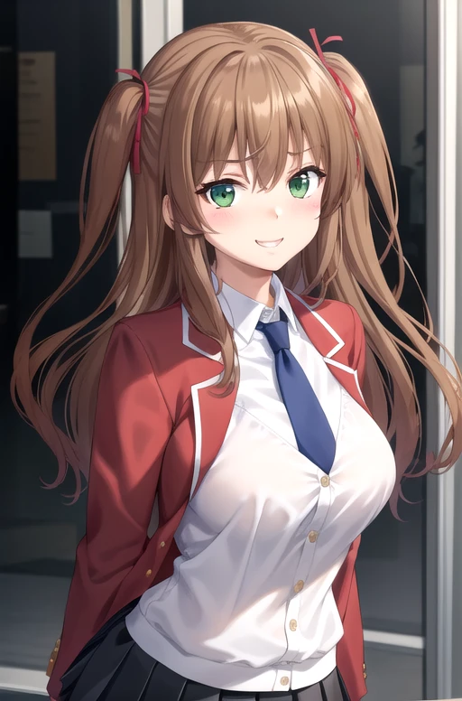 ((masterpiece)),(best quality),official art,extremely delicate and beautiful,extremely detailed CG,unity 8k wallpaper,ultra detailed,beautiful detailed eyes,extremely detailed face,outdoors,1girl,solo,upper body,(portrait:1.5),looking at viewer,facing viewer,smile,Tomizawa Erisu,long hair,brown hair,twintails,two side up,hair ribbon,red ribbon,sidelocks,hair between eyes,bangs,green eyes,school uniform,red jacket,blazer,buttons,blue necktie,collared shirt,white shirt,large breasts,long sleeves,miniskirt,black skirt,pleated skirt,zettai ryouiki,black thighhighs,loafers,brown footwear,<lora:Tomizawa Erisu(khsk):0.5>,