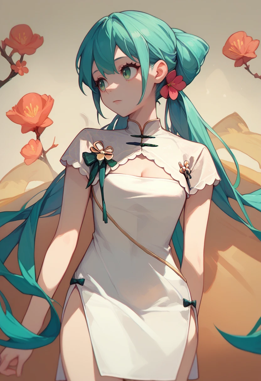 score_9, score_8_up, score_7_up, abstract, solo, 1girl, shaohuamiku, looking away, aqua hair, twintails, hair flower, green eyes, chinese clothes, white dress, china dress, cleavage cutout, side slit, short sleeves <lora:vocaloid_shaohuamiku_ponyXL:1>