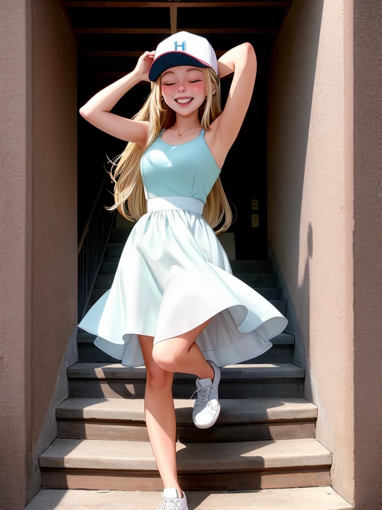 Realistic photo of a beautiful h4nn4hk woman, 1girl, solo, long hair, smile, blonde hair, hat, dress, standing, closed eyes, armpits, grin, arm up, standing on one leg, baseball cap, stairs, realistic, professional Photography, Photorealistic, detailed, RAW, analog, sharp focus, high quality, film grain<lora:h4nn4hk:1.0>