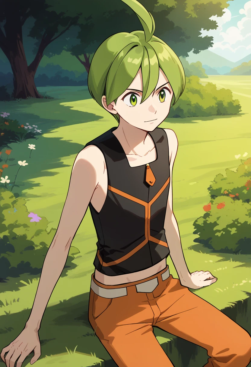 score_9, score_8_up, score_7_up, masterpiece, best quality, amazing quality, best aesthetic, ,absurdres,intricate details, aaron, green eyes, green hair, ahoge, black sleeveless shirt, orange pants, white with orange shoes, belt<lora:EMS-380018-EMS:1.000000>