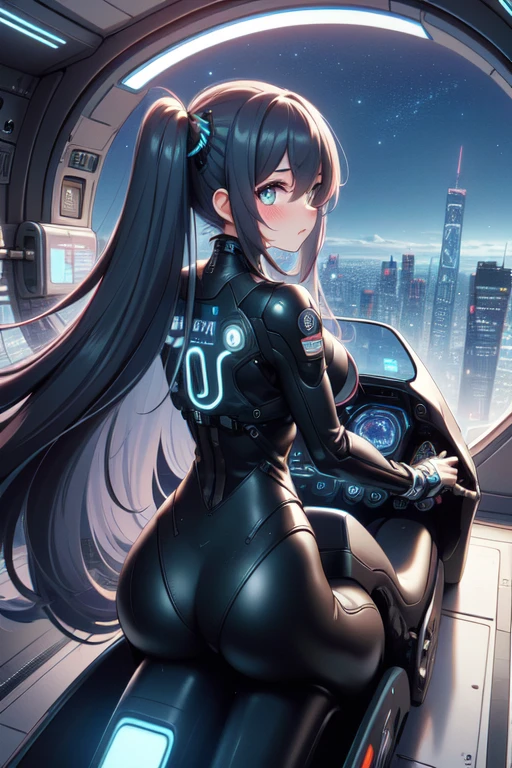 (((masterpiece))), (((best quality))), ((from behind)), ((hatchway motorcycle)), ((leaning forward)), looking back, mecha girl, glowing eyes, bodysuit, ass, boots, scrunchie, floating hair, overlook, fog, city, cloud, skyline, scenery, cockpit, hologram, mechanical walls, spacecraft interior, cyberpunk architecture, future science fiction, ((night)), (((starry sky))), (((neon lights))), solo, 1girl, brown, absurdly long hair, sweat, cleavage, big tits, shy, blush, slim figure, <lora:50pics_hatchwaymotorcycle:0.9>