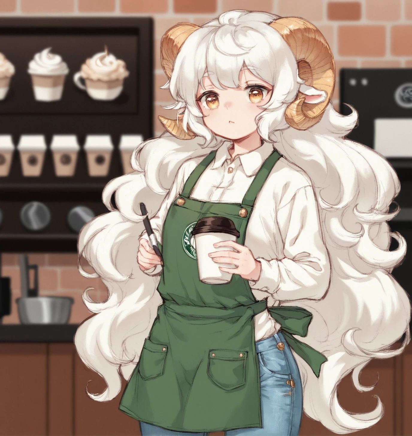 score_9, score_8_up, score_7_up, score_6_up, Detailed Background, BREAK
  <lora:Laurie:0.7>, lauriescooper, 1girl,  horns, sheep horns, very long hair, white hair, sheep girl, young, BREAK
coffee shop, uniform, apron, jeans,