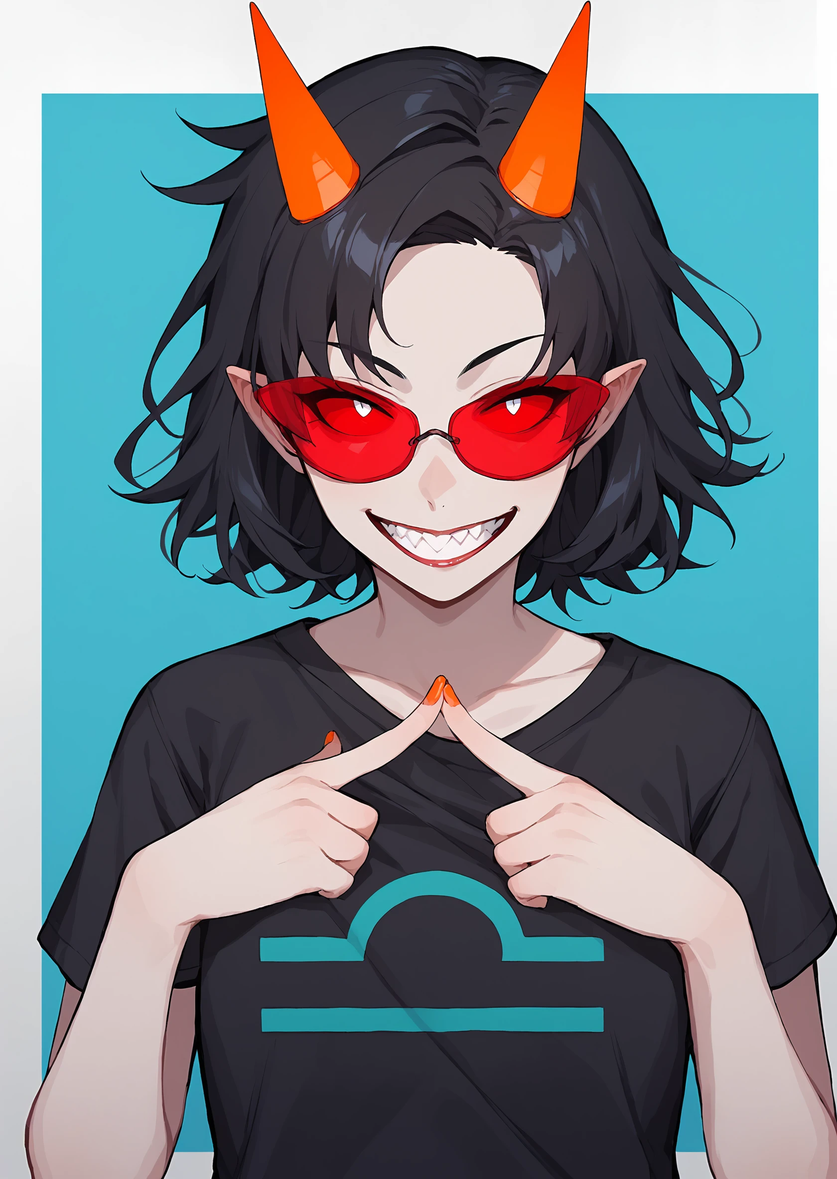 score_9, score_8_up, score_7_up, score_6_up, score_5_up, score_4_up, masterpiece, thick lines, 2d, flat colors, anime, terezi pyrope, librasign, 1girl, (colored skin, grey skin), orange horns, black hair, medium hair, smile, grin, red-tinted eyewear, red sclera, t-shirt, black shirt <lora:terezipyropepony:1> BREAK source_anime