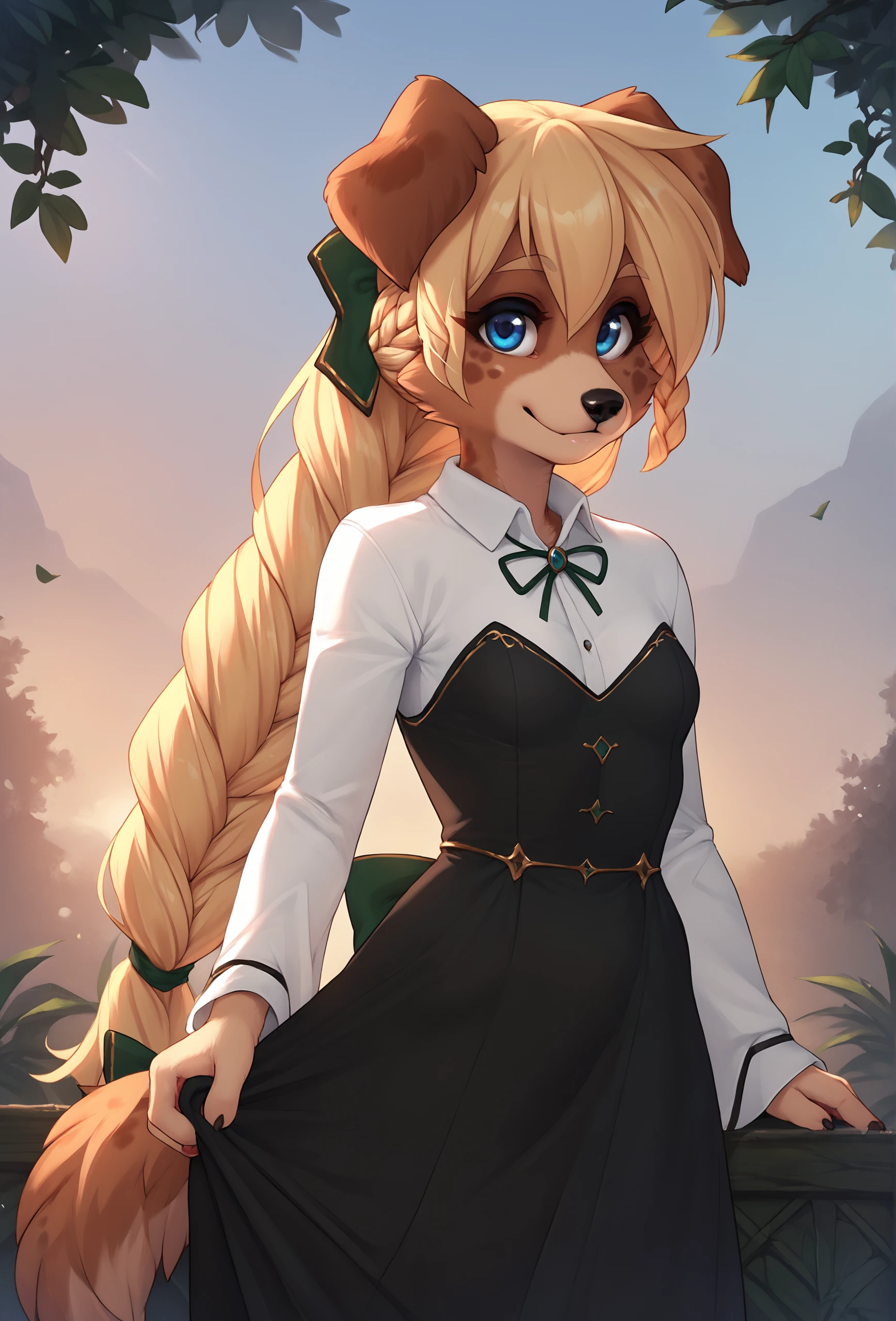 score_9, score_8_up, score_7_up, score_6_up, score_5_up, score_4_up, outdoors, nature BREAK
<lora:zofie_fluffkevlar_ponyXL_v1.2:1> zofie, 1girl, furry, solo, dog ears, very long hair, braid, white shirt, black dress, multicolored dress, looking at viewer, smile, small breasts, hair bow