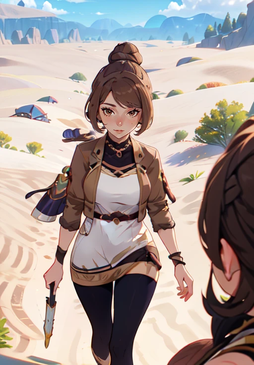 (masterpiece, best quality),(depth) of (field), <lora:age_slider_v2:2> <lora:Atefeh001:1> Atefeh, 1girl, hair bun, brown eyes, desert, sumeru, sun, hot, walking, looking around, from above, chromatic aberration, blurry foreground, sand, detailed background,, adult