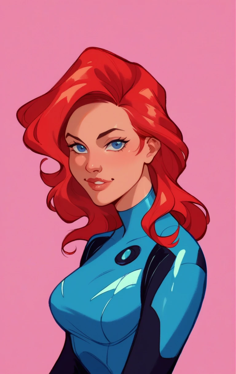 score_9, score_8_up, score_7_up, score_6_up, 1girl, test plugsuit, red hair, blue eyes, looking at viewer, upper body, portrait, interface headset, pink background, sitting, solo, retro artstyle, <lora:Disney_Renaissance-06:1>