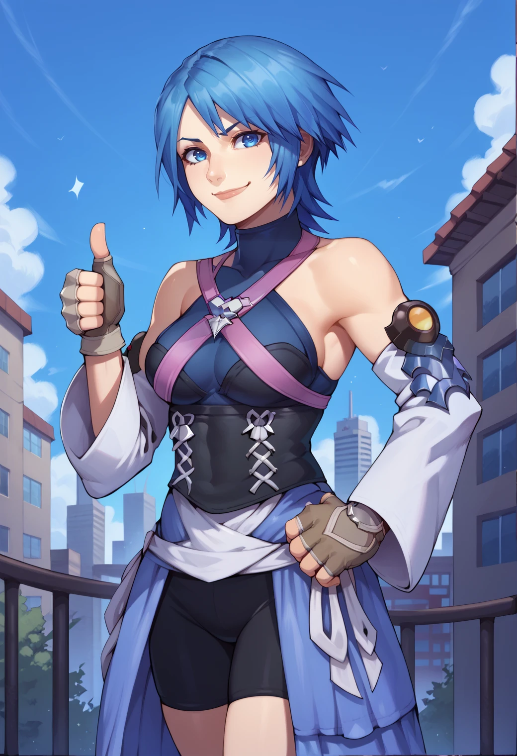 score_9,score_8_up,score_7_up,source_anime BREAK <lora:Aqua_Kingdom_Hearts:0.9>,high detail,good hands,perfect hands,1girl,solo,(thumbs up:1.4),aqua (kingdom hearts),blue hair,detached sleeves,short hair,bare shoulders,halterneck,criss-cross straps,blue eyes,fingerless gloves,gloves,overskirt,bike shorts under skirt,black thighhighs,smile,hand on hip,cowboy shot,city