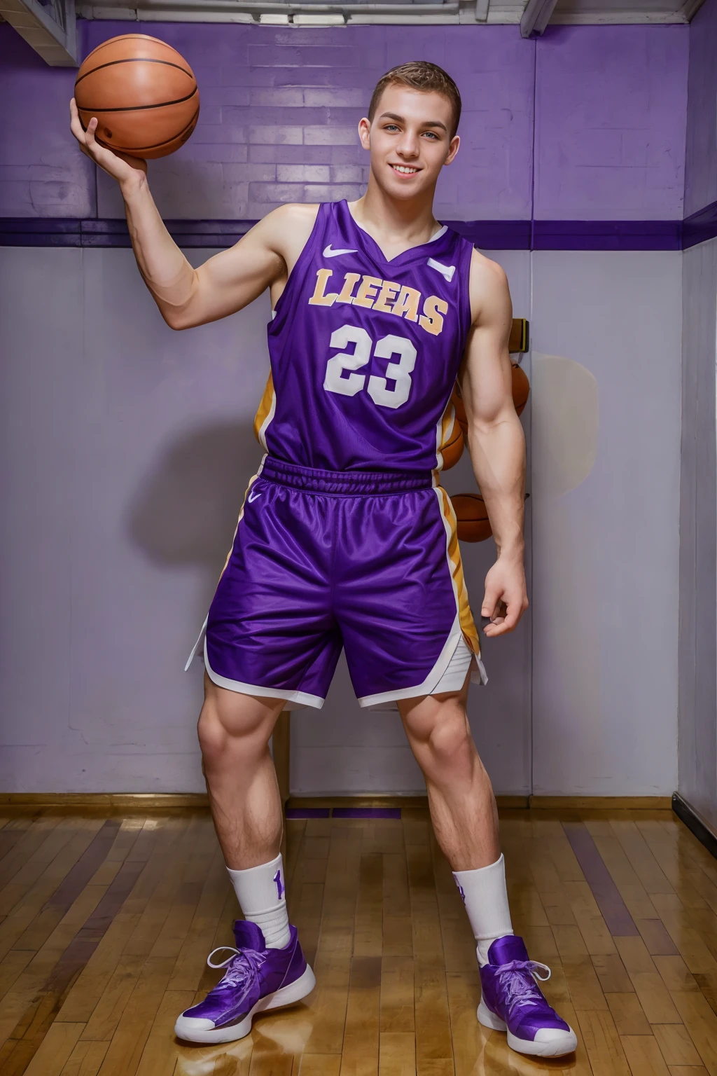 50-year-old middle-aged man,grampa,Man,Height 195,Asian people,sit on chair,God perspective,The eyes are about to face each other,Chinese men,musculature,Lift one foot,Wearing a yellow and purple Nike basketball vest,Purple basketball pants,The number 18 is written on the basketball suit,Purple and yellow Nike high-leg basketball shoes,Cord,Chains,Ferocious and ferocious,The background is outdoors,There is no basketball,Hold your hands on your knees