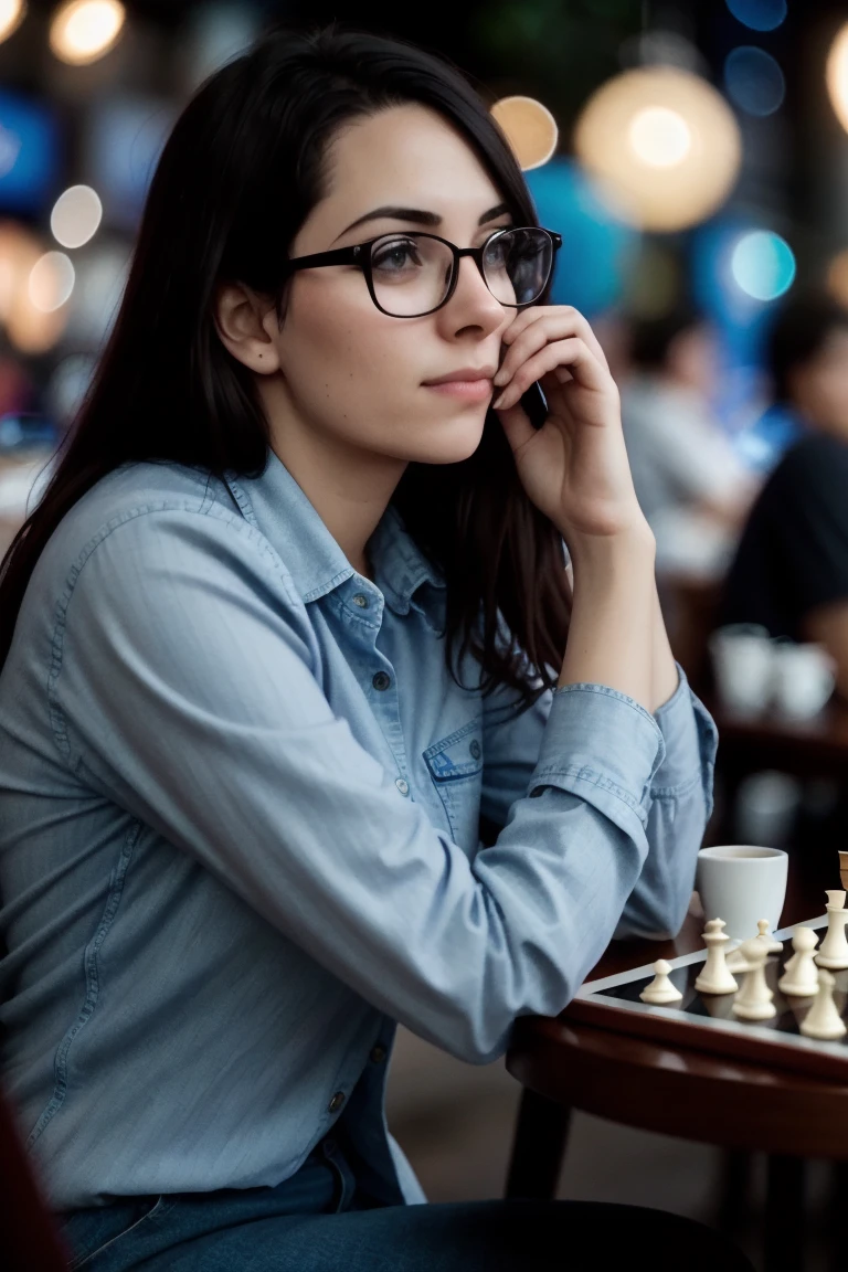 <lora:avarirain-08:0.6>,avarirain,(epic),((high resolution, extremely detailed, professional photograph)), , photo of a woman, , sitting, coffee shop, concentrating, playing chess, glasses, serious