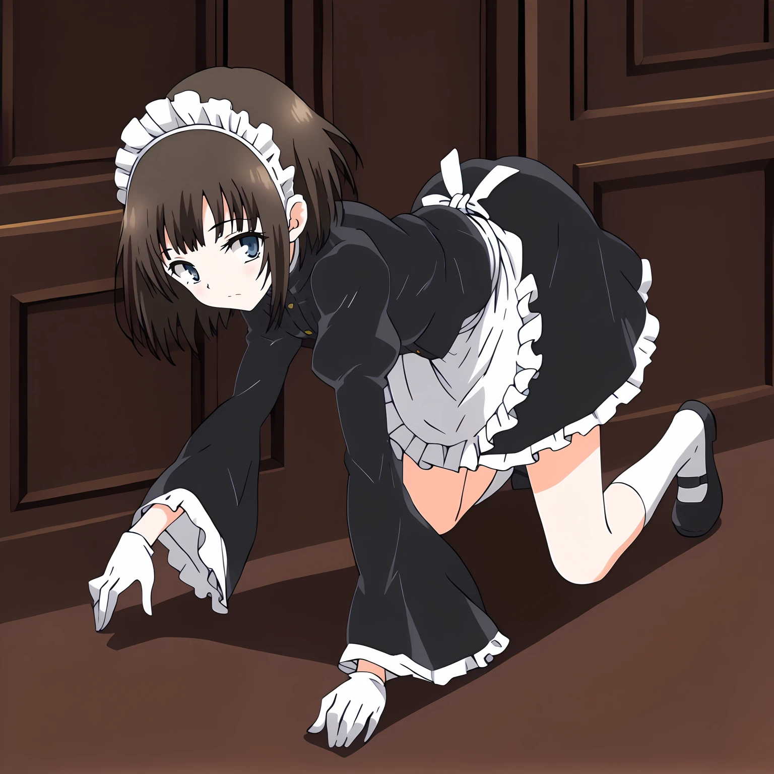 <lora:RurikawaTsubakiXLpony001>,
solo,
RurikawaTsubaki,1girl,brown hair,short hair,blue eyes,
maid headdress,
maid,wide_sleeves,
white gloves,
waist apron,
skirt,frills,
white socks,
mary janes,
full body,all fours,