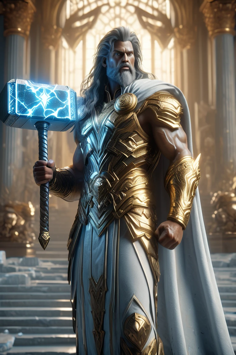 a cinematic shot of Zeus the thunder god holding Mjolnir thunder hammer in one hand, wearing beautiful dress, amazing quality, heaven in background, reflective light, hkstyle, HD, masterpiece, best quality, hyper detailed, ultra detailed