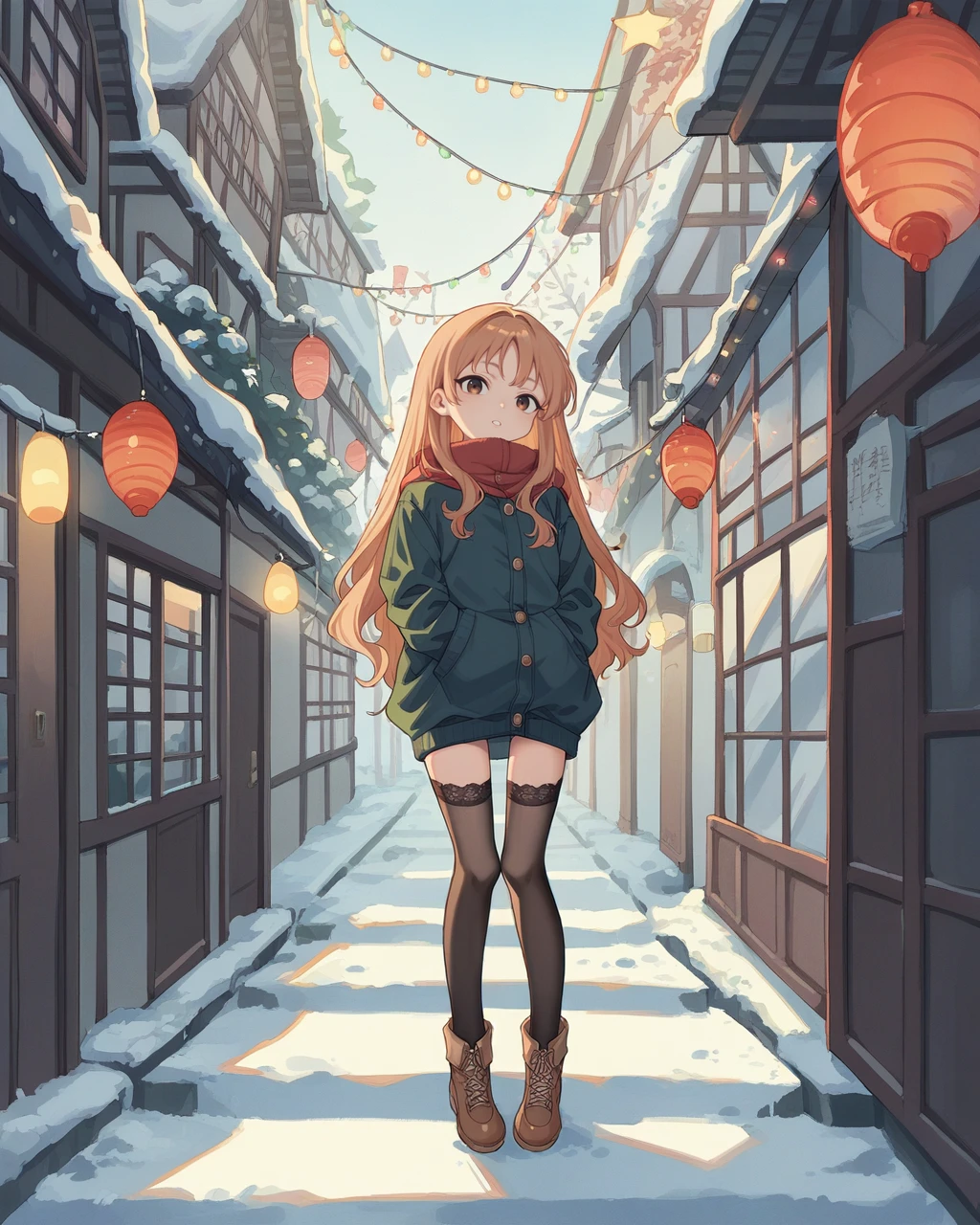 score_9, score_8_up, score_7_up, source_anime, solo, 1girl, , , long hair, , A quaint, snow-covered village square with twinkling holiday lights, , lace legwear, rating_questionable, bouen, <lora:bouen_PDXL-000001:1.2>