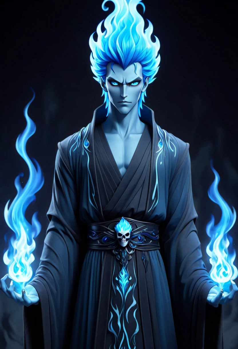 (((masterpiece))) , (((best quality))) , anime style, 2d, well-built charming 1boy, solo, lovely 1boy, Hades-ish, beautiful gorgeous man, (blue flames instead of hair), long flowing elegant skull motif robe, stone dungeon background, , he has Shaved sides hair, key visual,