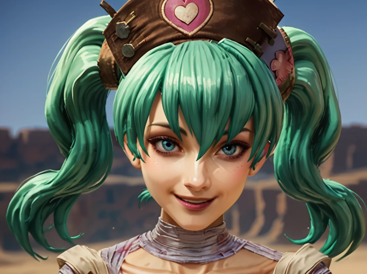 score_9, score_8_up, score_7_up, score_6_up, score_5_up, score_4_up, 
jessie, 1girl, solo, twintails, hat, bandages, green hair,aqua hair, nurse cap,smile,desert backround,realistic,
 <lora:jessie_from_deadcraft_pony:0.6>