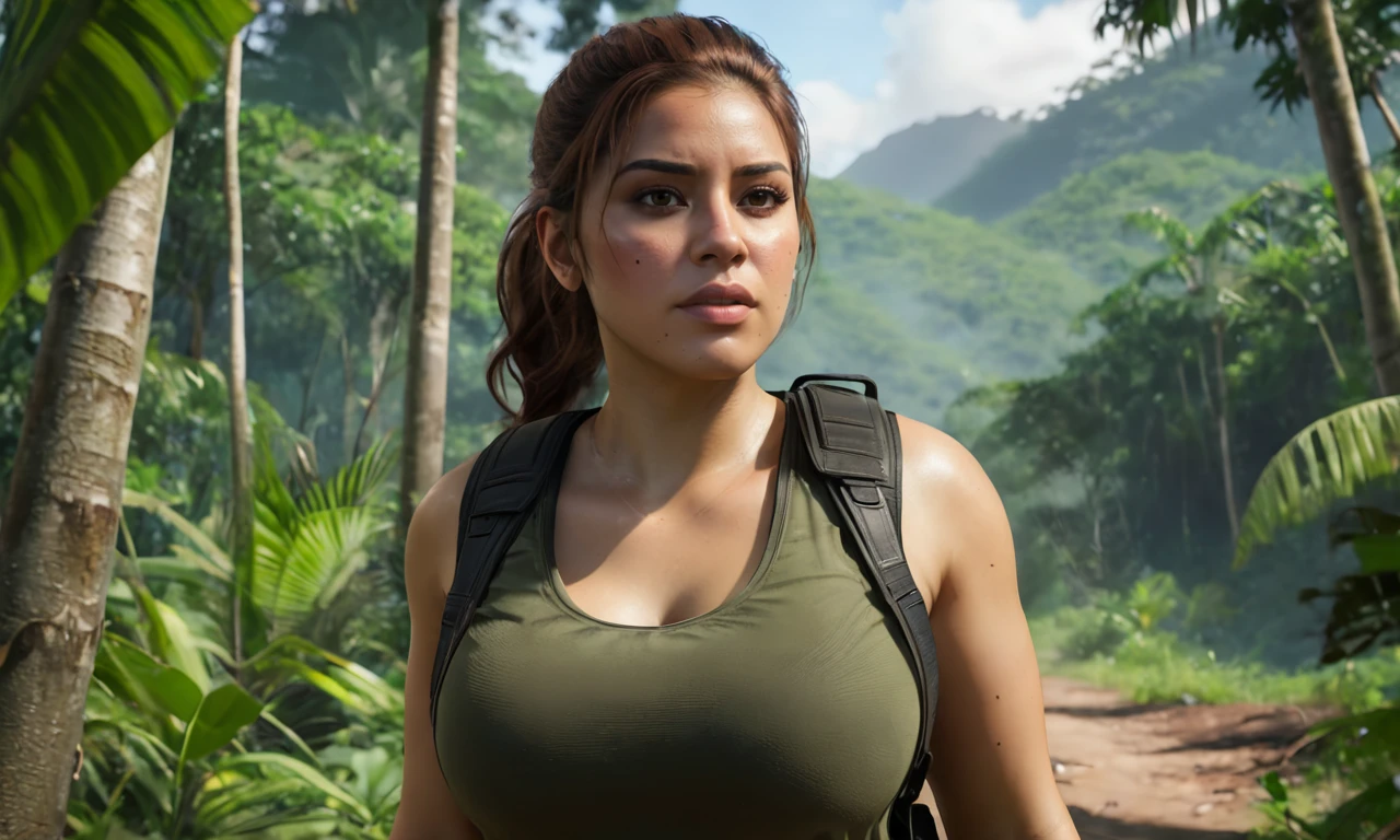 a woman walking in a jungle, mole, brown hair, best quality, photorealistic, masterpiece, raw image, skin pores, detailed skin, Latina, dramatic lighting, looking at the viewer, vibrant color, luciagta6sdxl, full body, <lora:luciagta6sdxl:1>, ponytail, tactical outfit, bulletproof vest, military outfit, boots, rifle, sweaty
