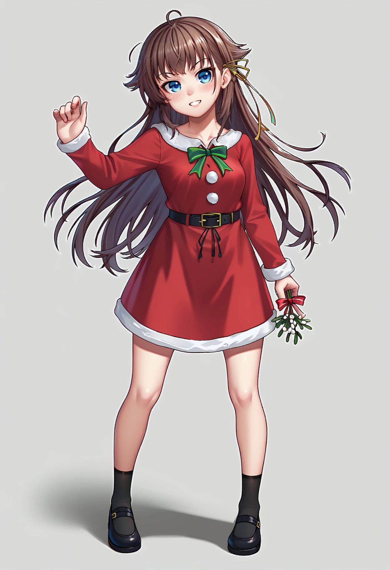 score_9, score_8_up, score_7_up, BREAK, standing, chimney, mistletoe,
<lora:kashiwazakikanav2:1>, kashiwazakikana, brown hair, blue eyes, hair ribbon, santa dress, santa costume,