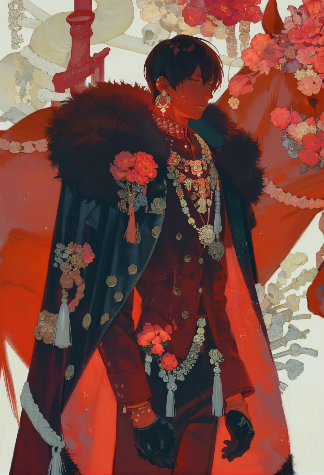 <lora:xdxAKK:0.8>,limited palette,xdx style,1boy,male focus,flower,solo,gloves,short hair,jewelry,black hair,black gloves,earrings,long sleeves,necklace,jacket,skull,fur trim,jacket on shoulders,coat,red theme,horse,, score_9,score_8_up,score_7_up,source_anime,