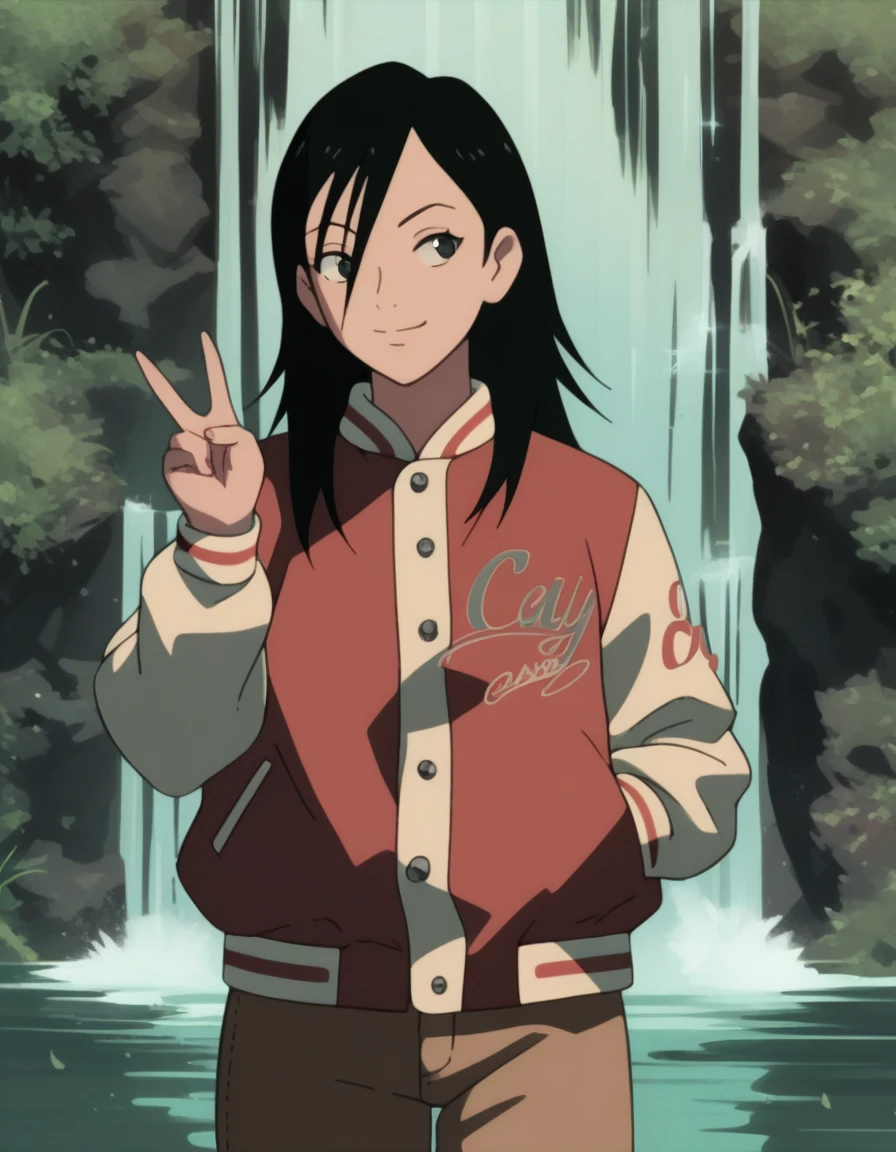 score_9, score_8_up, score_7_up, source_anime, <lora:izumi-maho-koyuki-ponyxl:1> minamimaho, letterman jacket,
1girl, waterfall, standing, looking to the side, v, smile